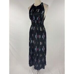 Xirena Tavia Silk Maxi Dress Black Ikat Print Small Halter Neck Pockets Backless